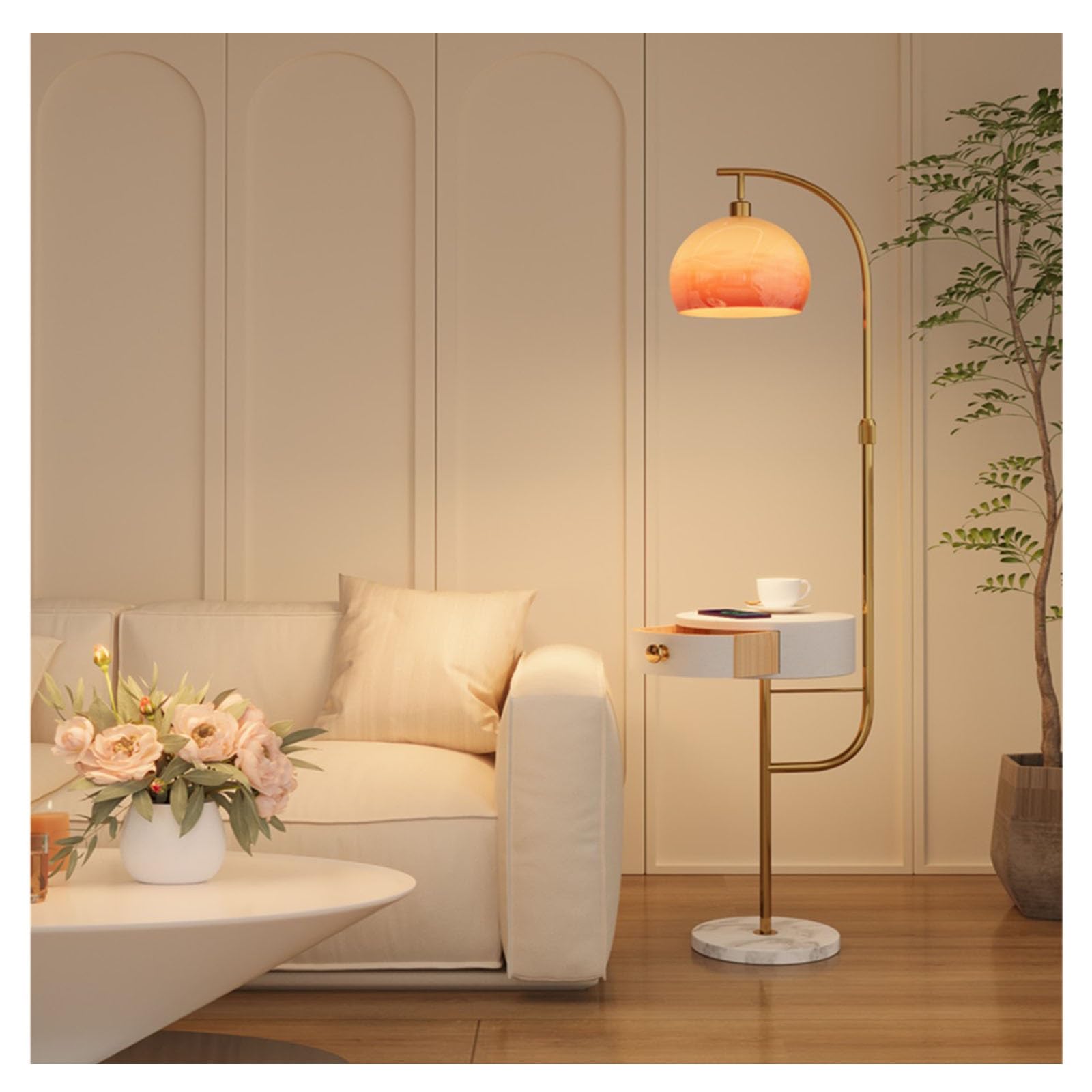 Z4T8M2K6G5 Tall Standing Lamp Floor Lamp with Table, Side with Wireless Charging Station and USB Ports, 3-Color Temperature Lamps for Living Room, Bedroom(Gold)