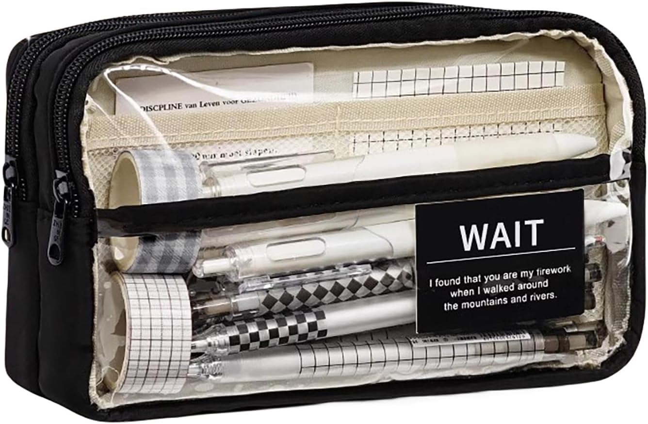 FunBlast Large Capacity Pencil Pouch, Multiple Compartment Double Zipper Pouch, Aesthetic Pouch, Cute Stationery Bag for Students Girls Adults Office (Black)-image-47