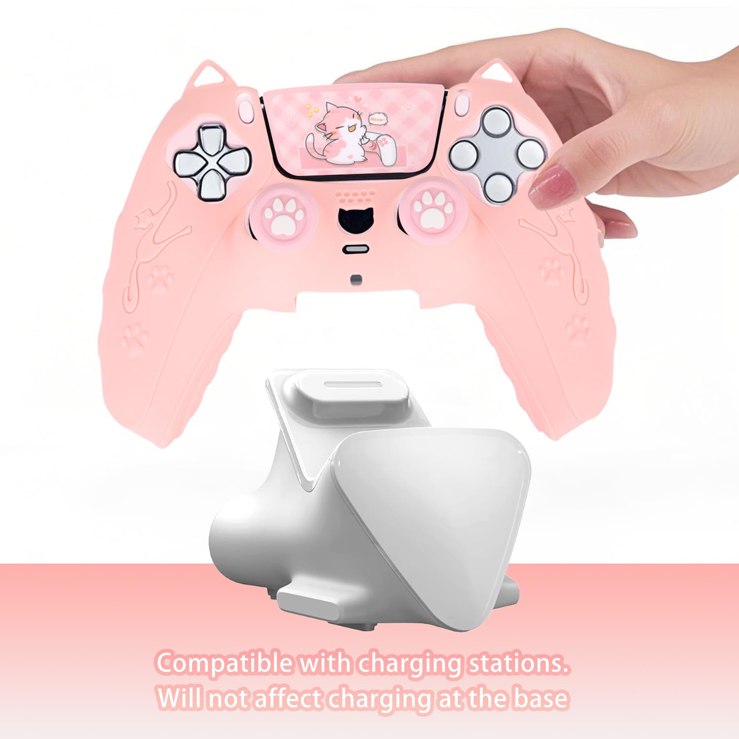 lasuroa Set Rosa Funda Mando para PS5, Huella Gato Bonita Cubierta Antideslizante Silicona Accesorios Mando Inalámbrico del PS5 Carcasa Protectora con Agarre Pulgares & Pegatina Panel Táctil