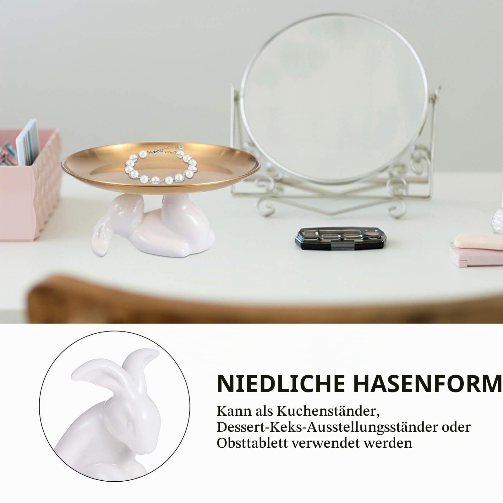 YARNOW Gold Schmuckschale 8 Zoll Edelstahl Obstschale Hase Figur Tortenplatte Kuchenständer Metall Serviertablett Schminktisch Tablett Schmuck Organizer für Ostern Deko Wohnzimmer Tischdeko