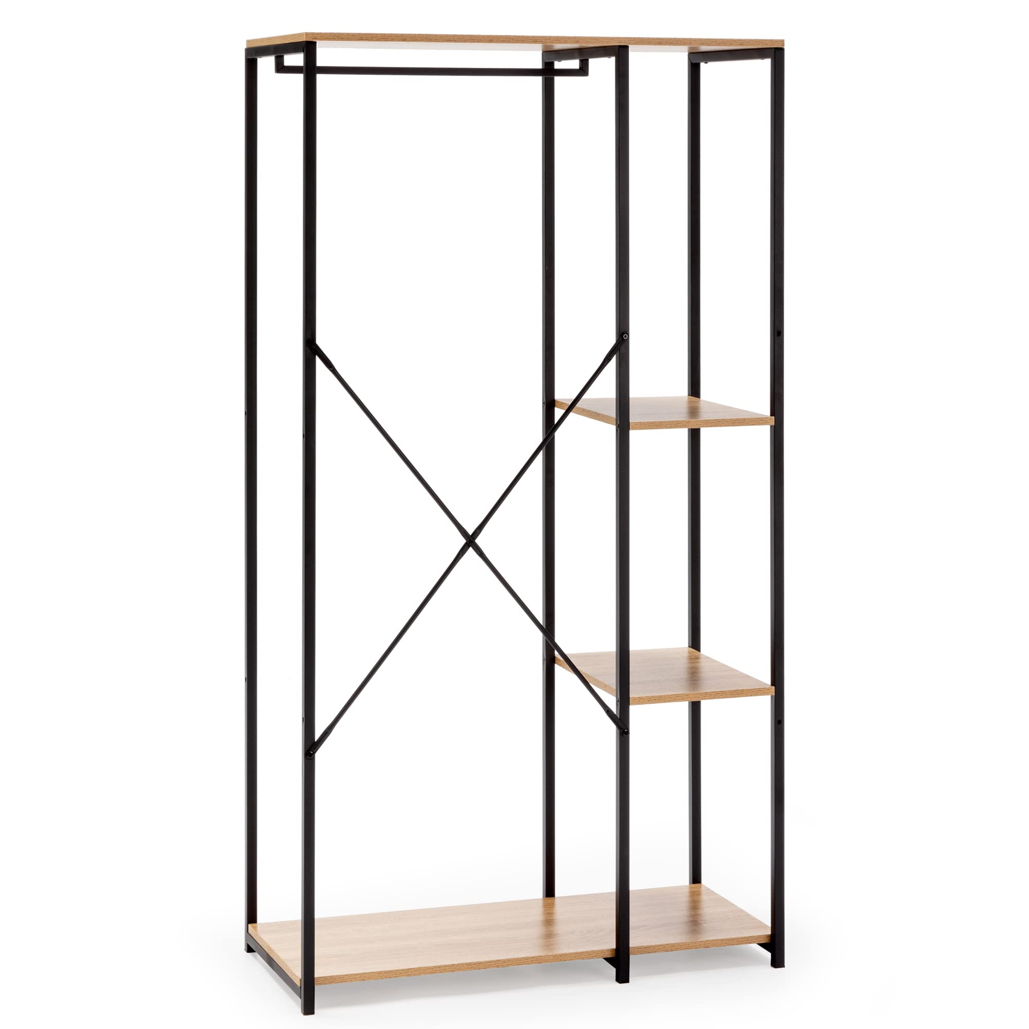 HOMN LIVING Perchero con Zapatero Lola con Banco 3 estantes, Color Roble/Negro, 90 cm (Ancho) 40,5 cm (Profundo) 167 cm (Altura)