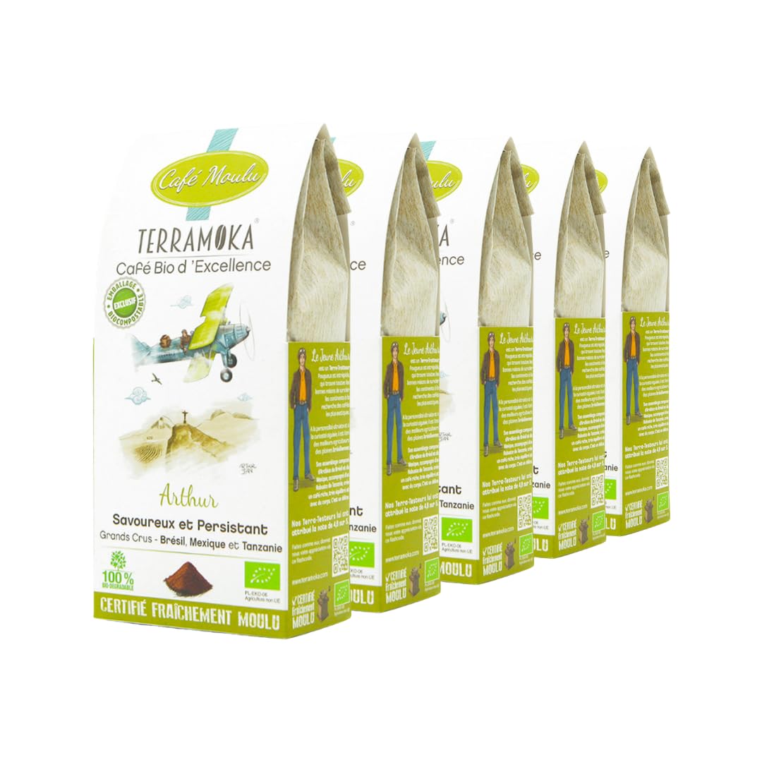 TERRAMOKA - 1,25 KG Café Moulu Bio d’excellence (5 * 250g) - 80% Pur Arabica du Mexique et Brésil & 20% Robusta de Tanzanie - Savoureux et Persistant - 100% Recyclable - Arthur - Torréfié en France