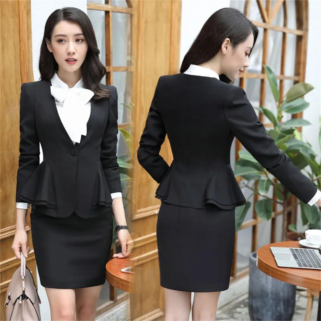 Blazer e gonna da donna in 2 pezzi da ufficio da donna con orlo a volant con bottone singolo blazer gonna tinta unita