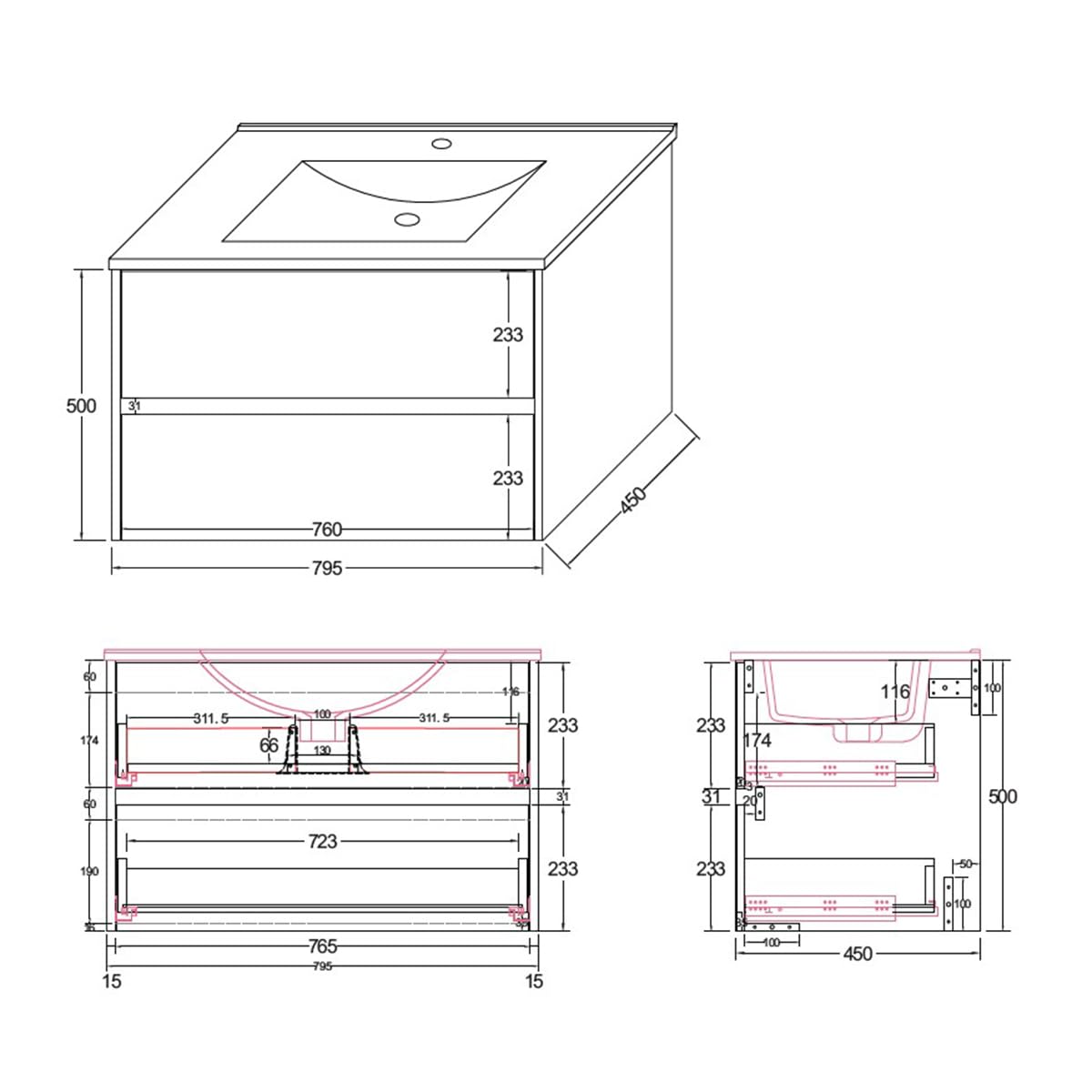 Belvit Drava Waschbeckenunterschrank 80 cm, Waschtischunterschrank hängend, Badmöbel grifflos mit 2 Softclose-Schubladen, Siphonausschnitt, MDF, passend zur Serie, Mattschwarz