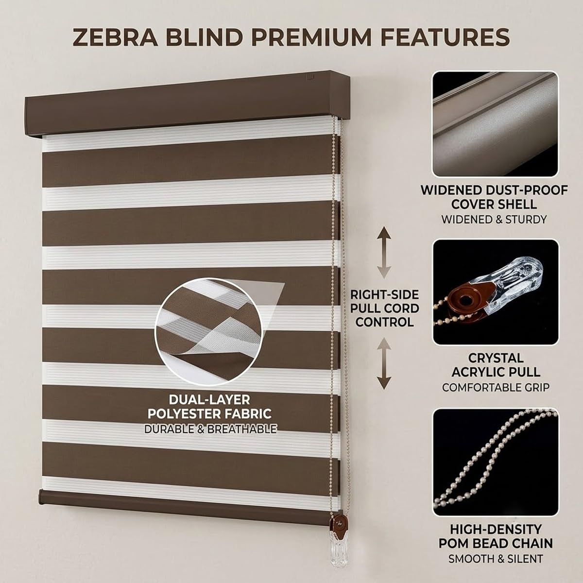 Tende a Rullo Giorno e Notte Doppio Strato a Strisce, Tenda Zebra | Traslucida Manuale per Finestre Cameretta e Bagno, Installazione Fissa con Fori(Black,130W x 80H cm)