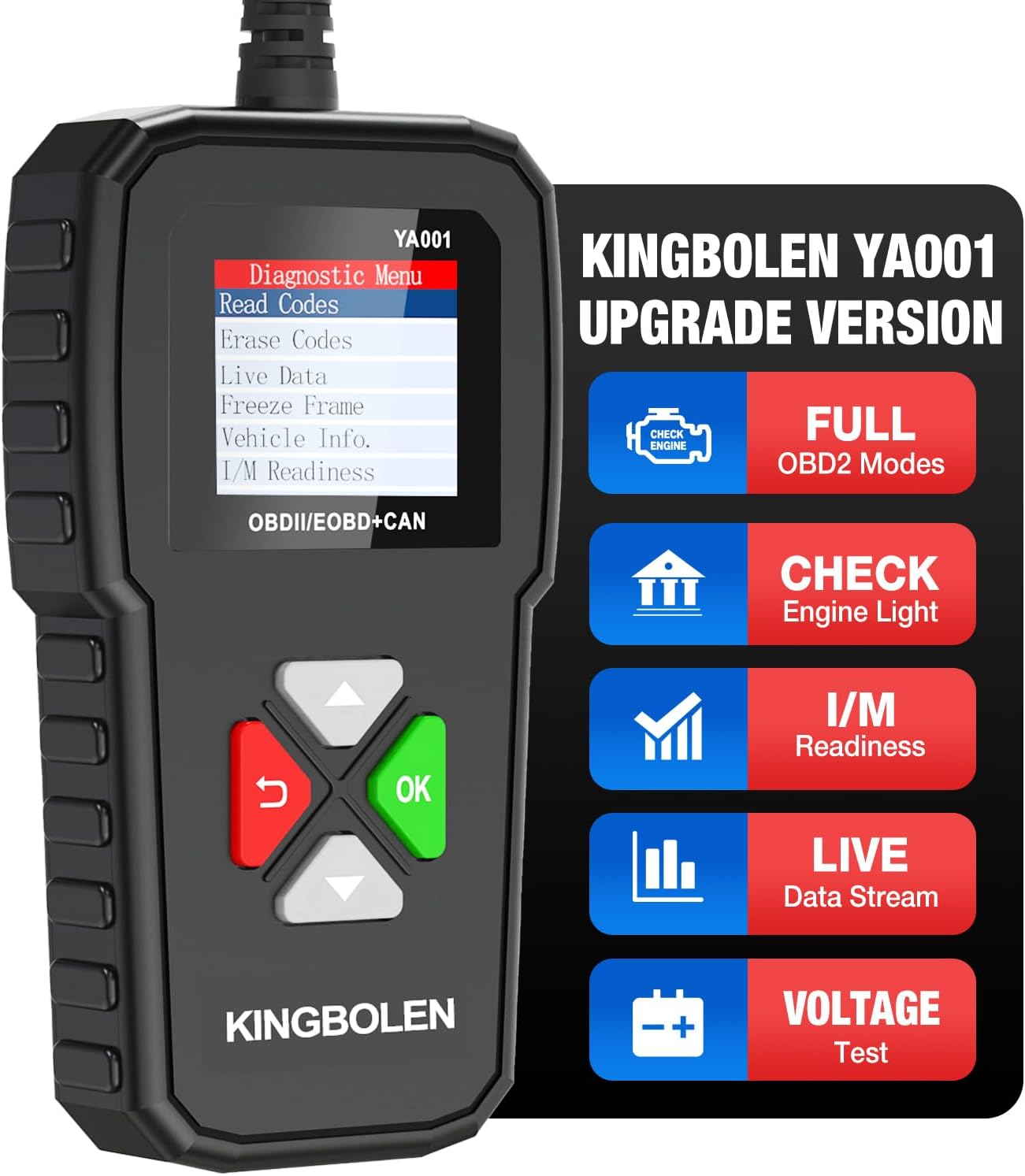 KINGBOLEN YA001 OBD2 Scanner Car Code Reader, Automotive Diagnostic Scan Tool Check Engine Light, Live Data, Freeze Frame, I/M Readiness, Voltage Test, CAN Protocol for All Vehicles After 1996