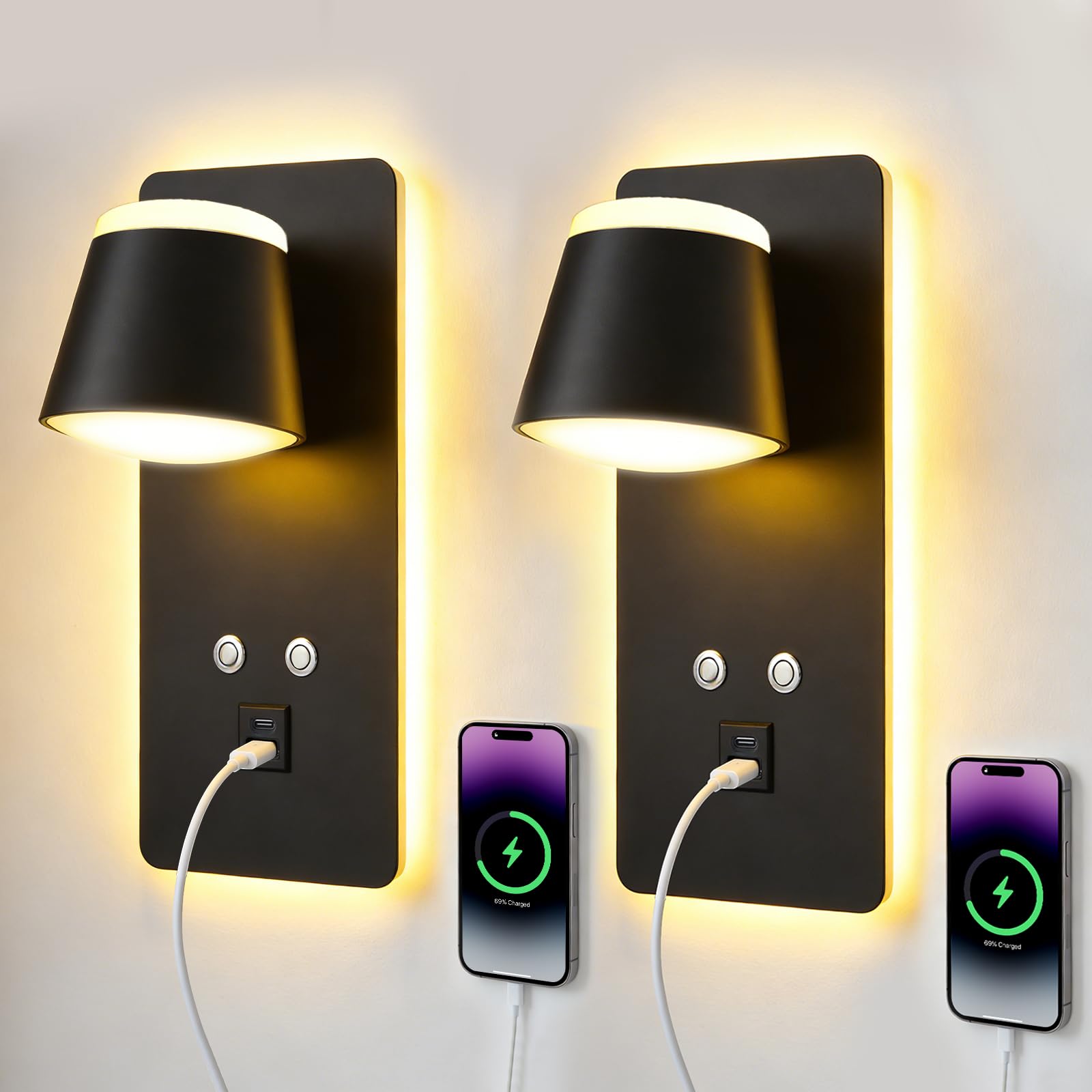LED Wandleuchte Innen, 3 IN 1 LED Wandleuchte mit Schalter, 12W Dimmbar Nachttisch Leselampe mit USB Ladeanschluss, LED Wandleuchte für Hotelflur, Innenbereich, Nachttischlampe Wohnzimmer(2PCS)