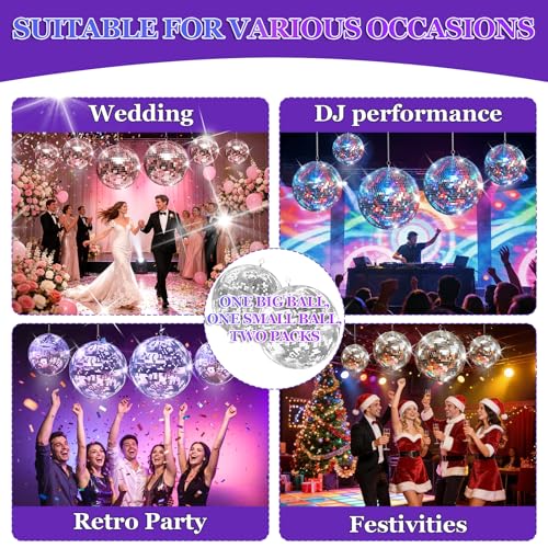 2 bolas espejadas, grandes bolas para discoteca para decoración de fiestas, bolas gigantes colgantes con baldosas reflectantes de vidrio, bola para exterior para efectos de luces DJ, celebraciones de bodas y cumpleaños (plata, 16 pulgadas + 20 pulgadas) miniatura 3
