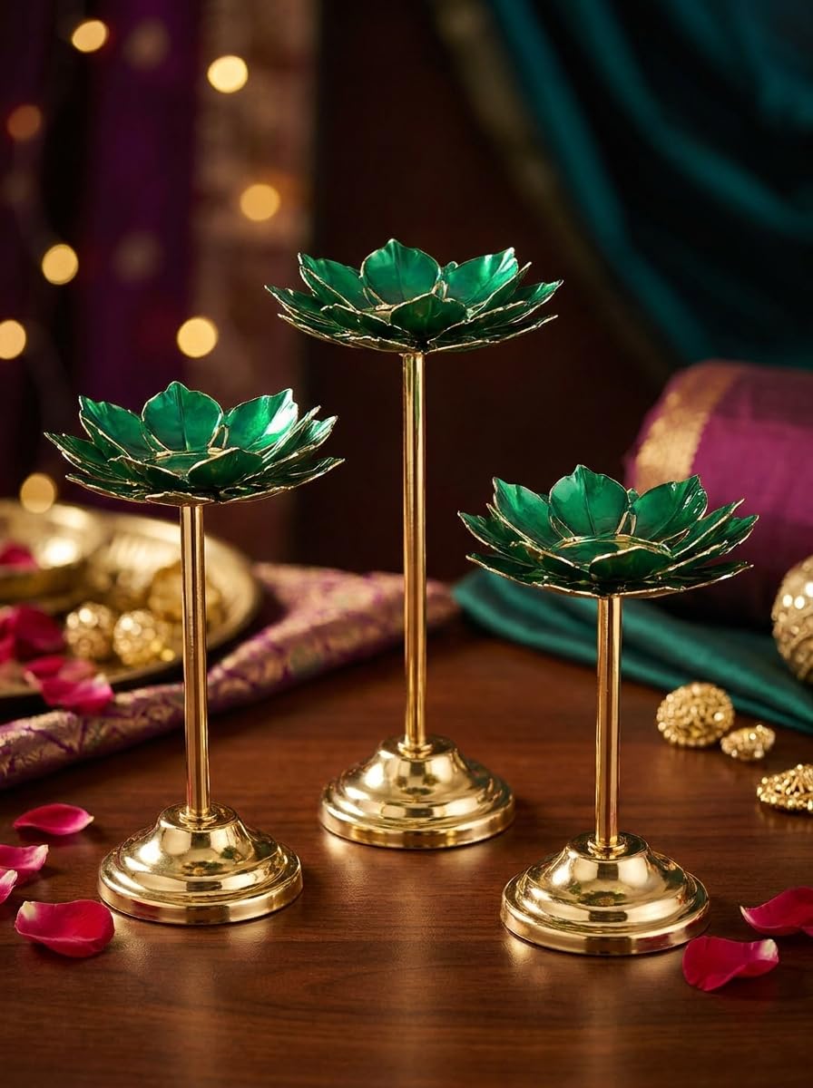 Metal Lotus T-Light Candle Holder Set of 3 | Green Decorative Floating Flower Pedestal Bowls | Tealight Stand for Home Decor, Lakshmi Pooja, Festival & Table Centerpiece-image-25