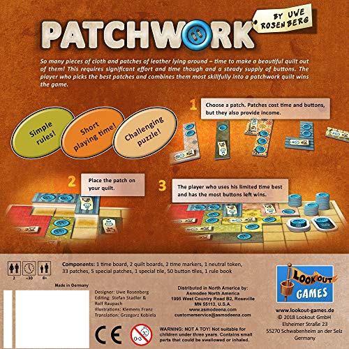 Lookout Games | Patchwork | Board Game | Ages 8+ | 2 Players | 15-30 Minute Playing Time, Multicoloured, 7.87 x 1.77 x 7.87 inches