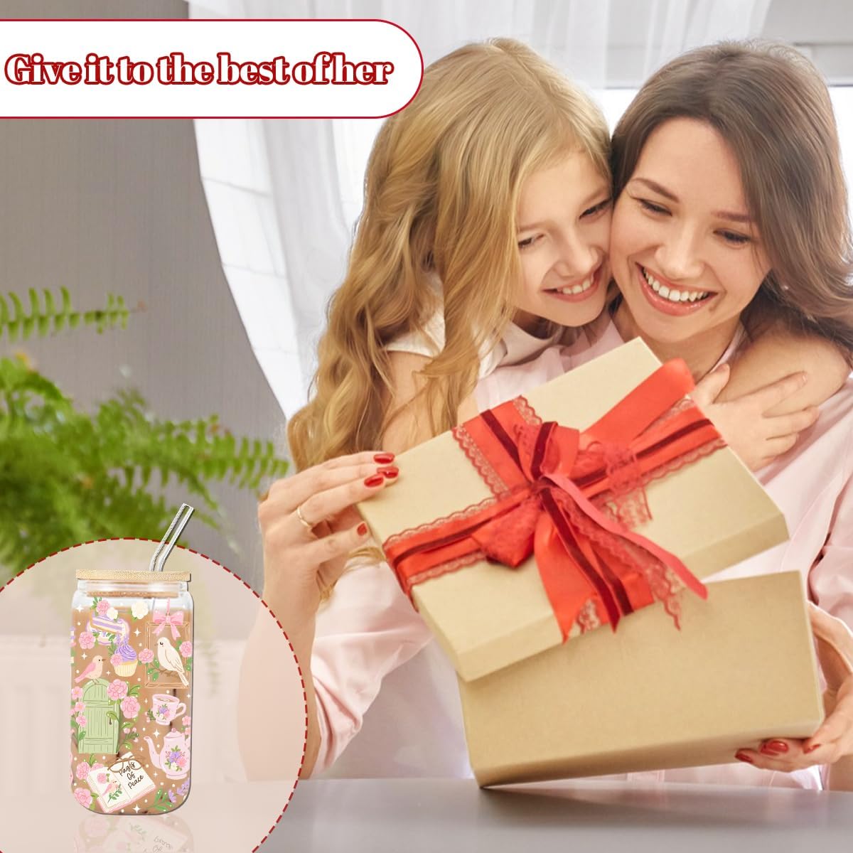 Pink Flower Bookish Iced Coffee Cup, Tea and Book Glass Tumbler, 16 oz Cottagecore Aesthetic Coffee Glass Cup with Lid Straw, Cute Gifts for Women Teen Girls Sister Reader Bookish Book Lovers - Image 5