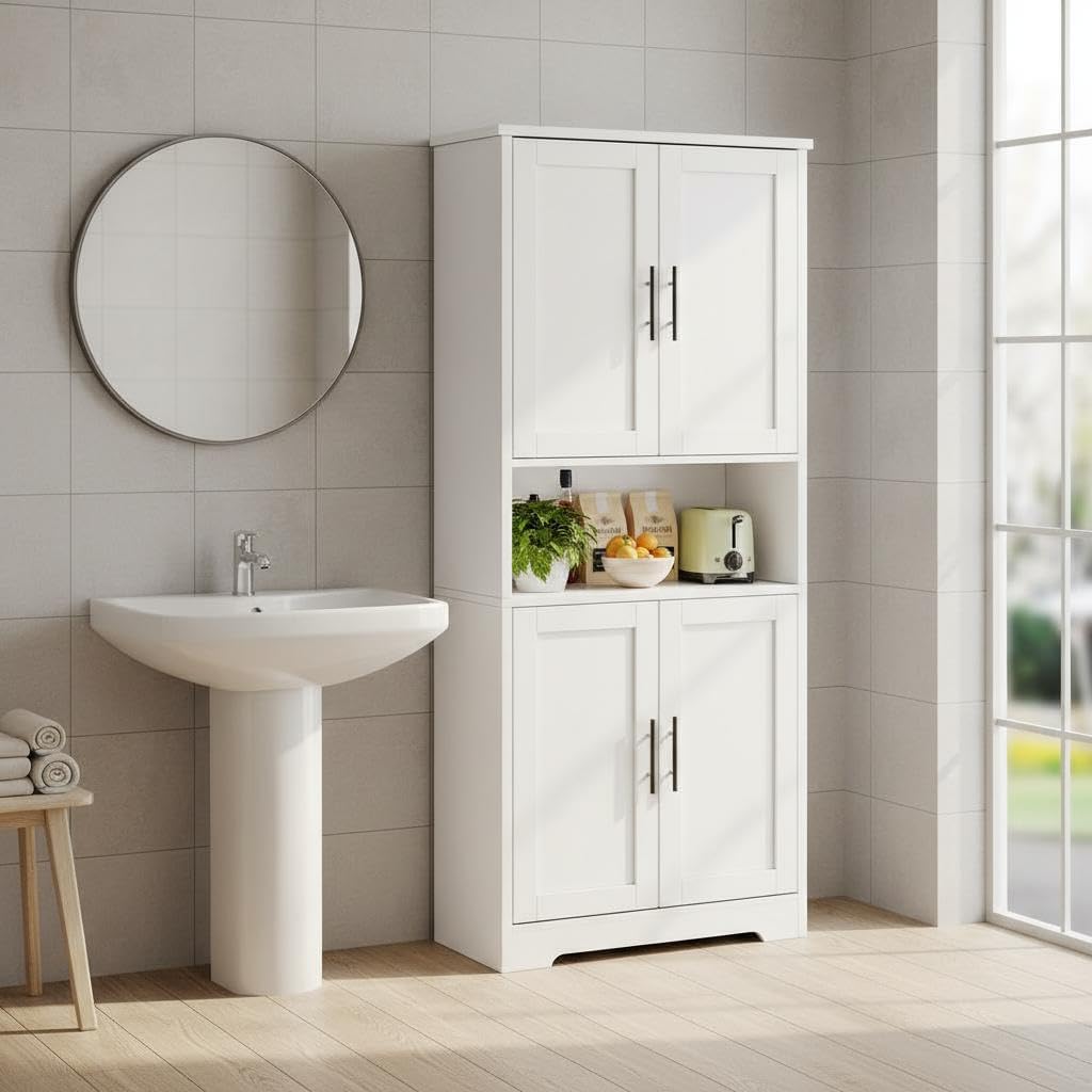 70" Tall White Pantry Cabinet with Doors, Freestanding Storage Cabinet with Adjustable Shelves for Kitchen, Dining Room, Bathroom, Living Room,Black