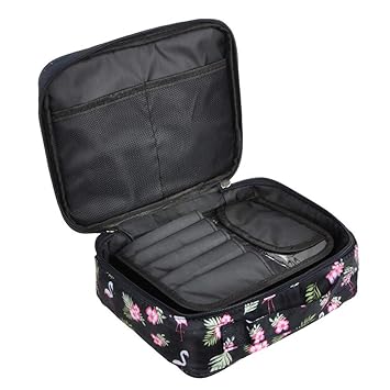 SKYFUN (LABEL) Hanging Nylon Travelling Makeup Beauty Cosmetic Brush, Wash, Storage Kit Bag Organizer With Mini Pouch, Strip Added For Lock (Black Flemingo)