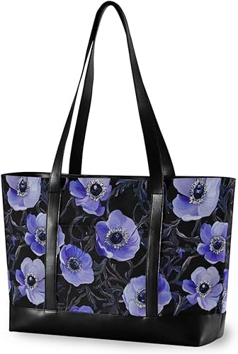 Arte púrpura anémona flor negro esencial bolsa de computadora para las mujeres con cremallera bolsa de mano para viajeros con mujeres trabajo