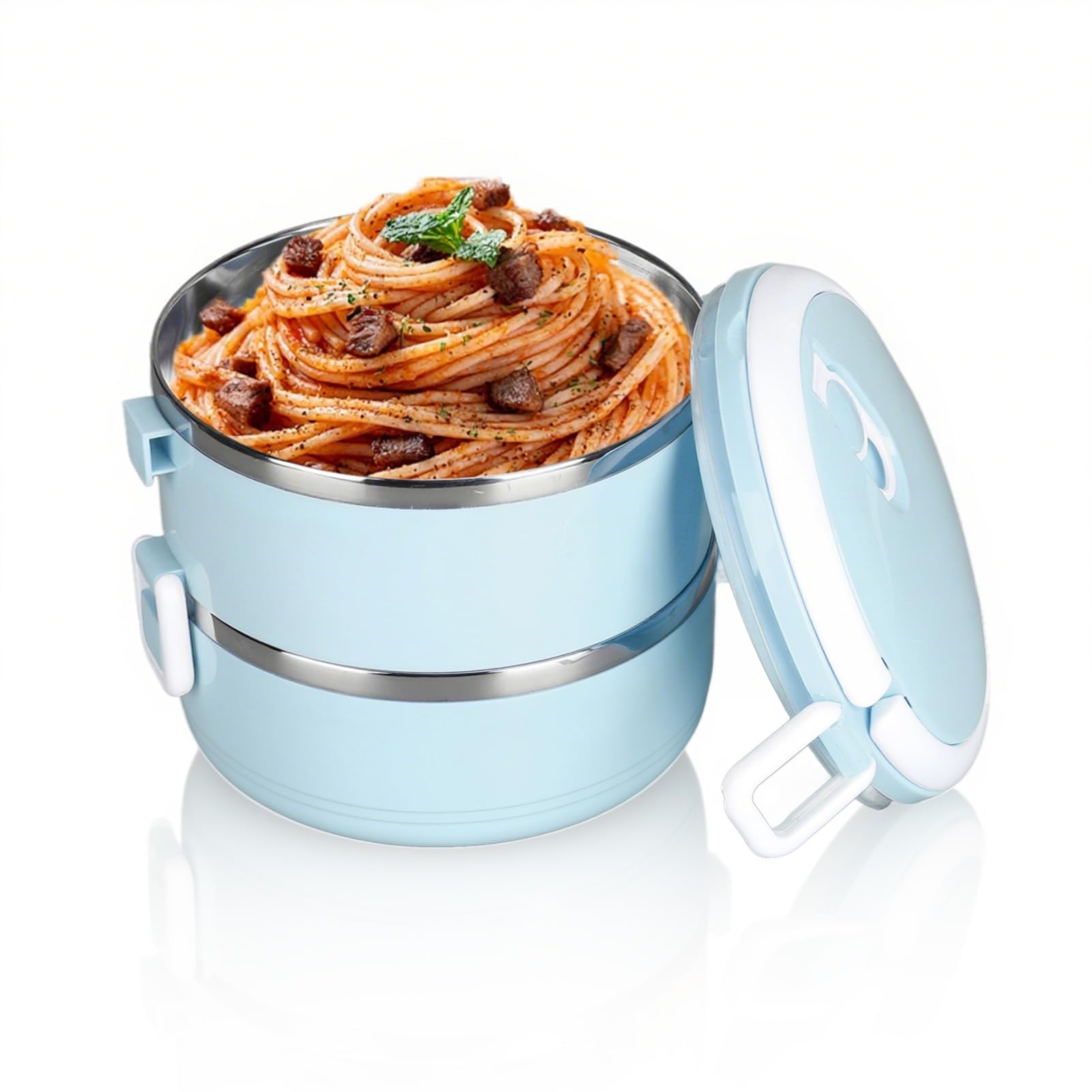 Buachois Thermal Lunch Box, Stackable 304 Stainless Steel Hot Lunch Box for Adults Food Insulation Lunchbox Round Food Sealed Storage Containers Bento Box for Fresh Keeping(Blue Double-Layer)