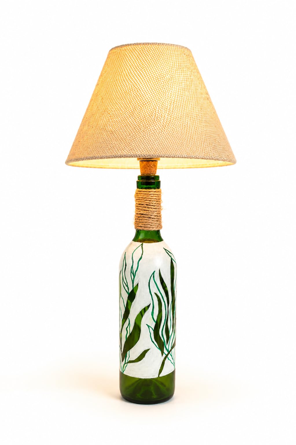 White Jute Handpainted Upcycled Glass Bottle Table Lamp-image-25