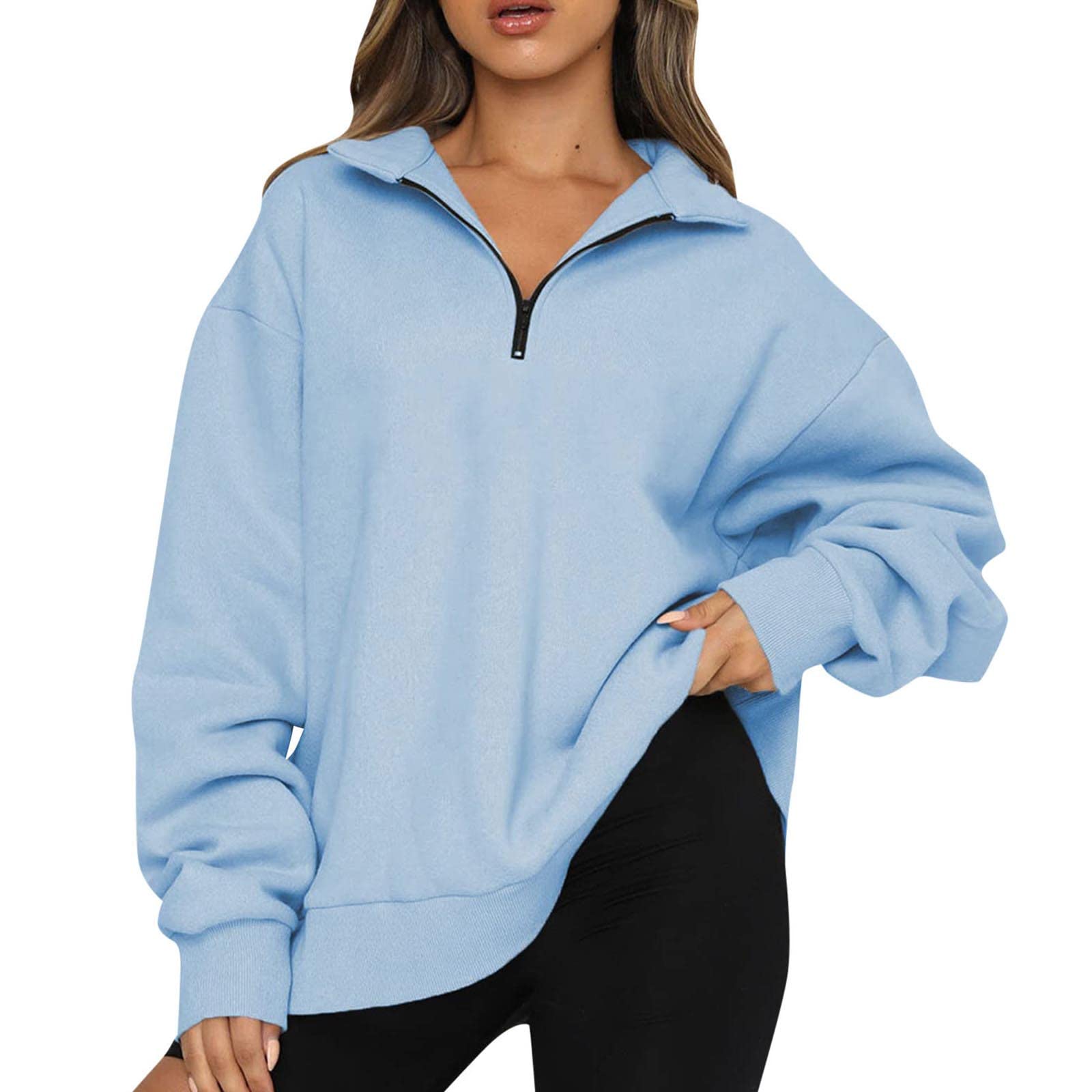Oversized Sweatshirt for Women Y2K Collared Neck Zip Up Pullover Long Sleeve Solid Casual Fall Clothes Fall Fashion