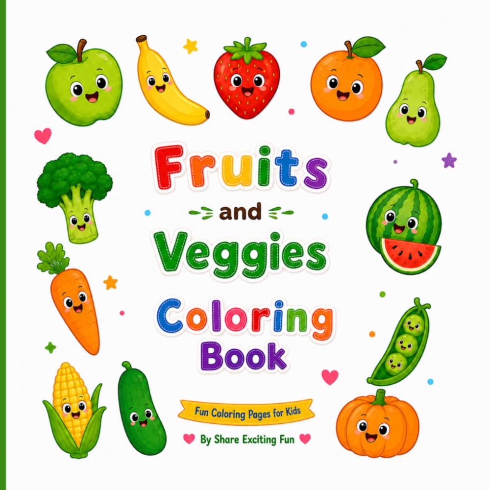 Happy Fruit & Veggie Friends Coloring Book: Fun, Cute, and Easy Coloring with Fruits & Veggies!"