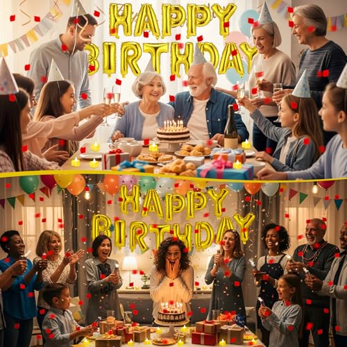 Image of Red and Gold Happy Birthday Balloons Decorations Happy Birthday Letter Balloons Banner Set 24pcs Heart Flameless LED Candles 2000pcs Artificial Rose Petals for Women Men Room Party Decor