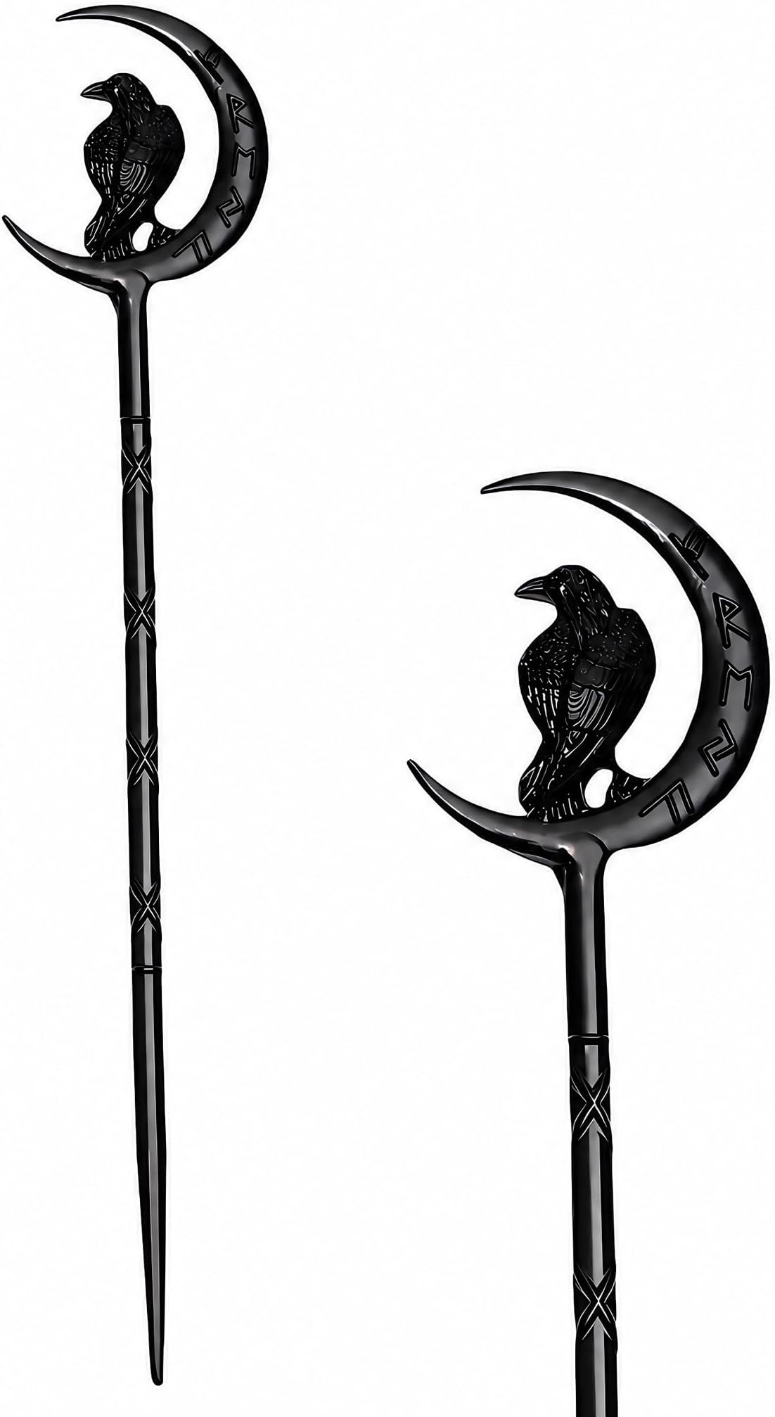 2PCS Viking Raven Hair Sticks โ Gothic Moon Hair Pins for Women | Black Gothic Hair Accessories with Raven Moon Design for Buns, Updos, Renaissance Festival, Halloween & Cosplay