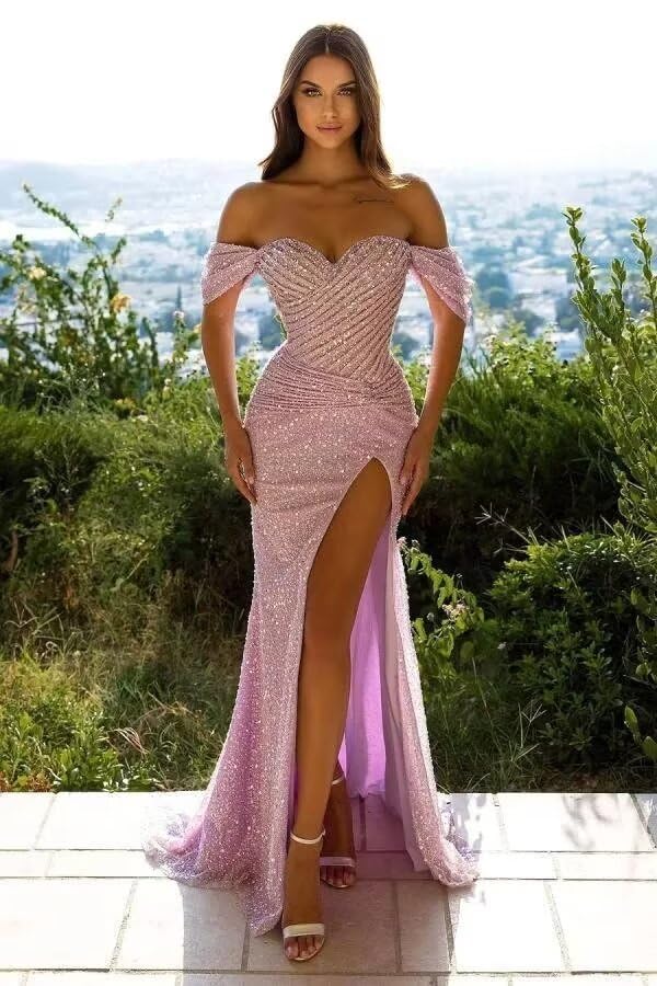 Sequin Prom Dresses 2023 with Slit Off Shoulder Sweetheart Sparkly Mermaid Formal Evening Party Gowns2