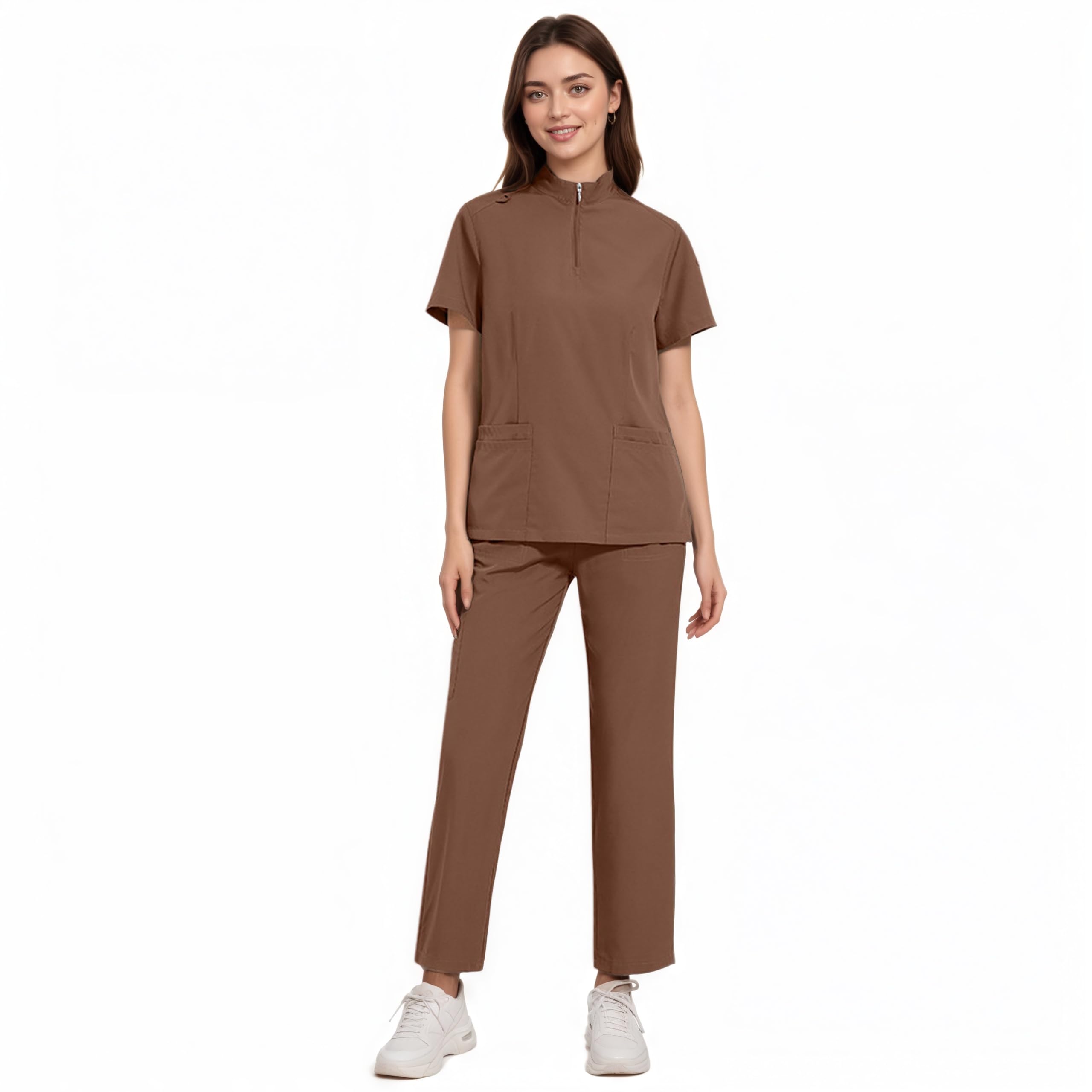 ThreeH Scrub Tops zestaw spodni dla mężczyzn i kobiet, medyczne mundury opieki zdrowotnej, stójka, top z krótkim rękawem i paskiem, spodnie joggery z wieloma kieszeniami