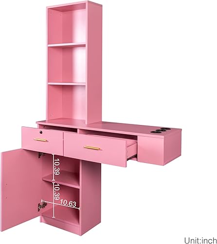 Miniatura 3 de KIMAKA Estaciones de peluquería de montaje en pared, equipo de peluquería moderno y simple con 3 estantes abiertos, estante izquierdo con cerradura