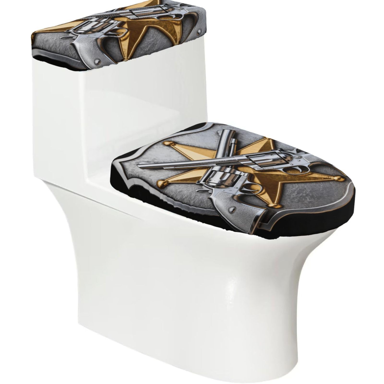 Revolver Sheriff Badge Elastic Toilet Cover Set of 2-Stretchy Lid and Tank Covers for Bathroom, Soft Washable U Shape Toilet Decor
