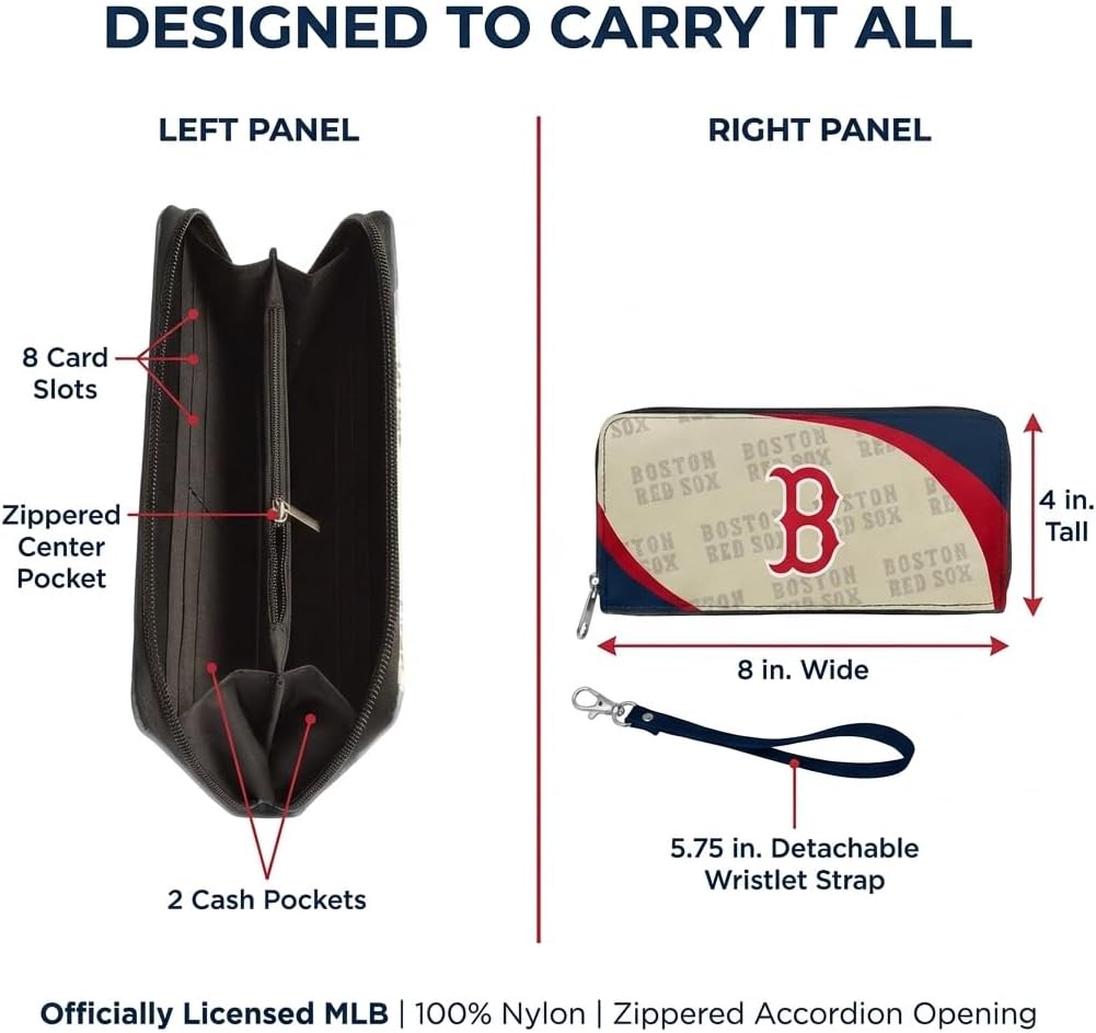 Littlearth MLB Boston Red Sox Curve Zip Organizer Wallet, Wristlet and Wallet in One, Team Color, 8 x 4 x 1 Inches