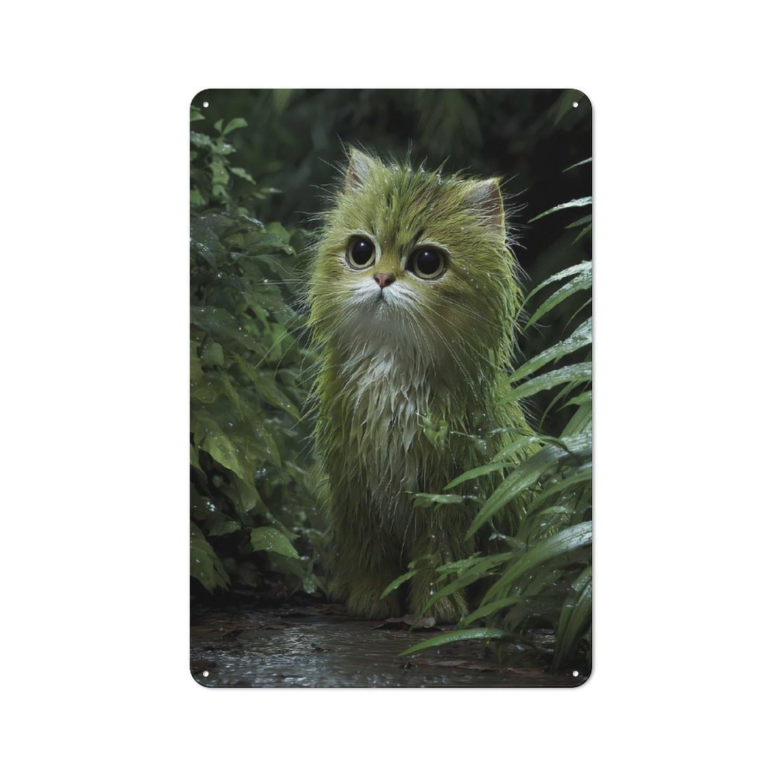 Junmoney Style-7 Tin Wall Plaque 30X20cm With Green Feline In Rainy Forest For Garage Wall, With Clear Vintage Wall Decor Character