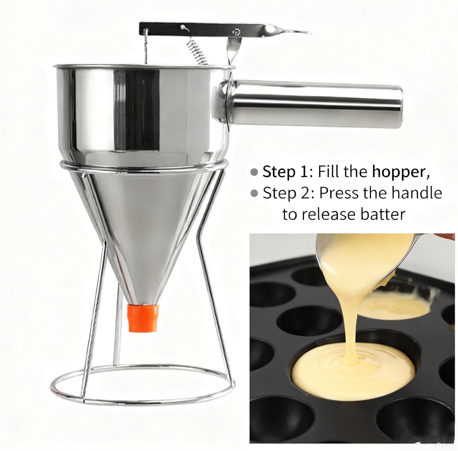 Batter Dispenser Bottle 40 OZ, Stainless Steel Pancake & Funnel Cake Dispenser with Stand, Leak-Proof Nozzle & Squeeze Handle for Precise Baking, Waffle and Muffin Making