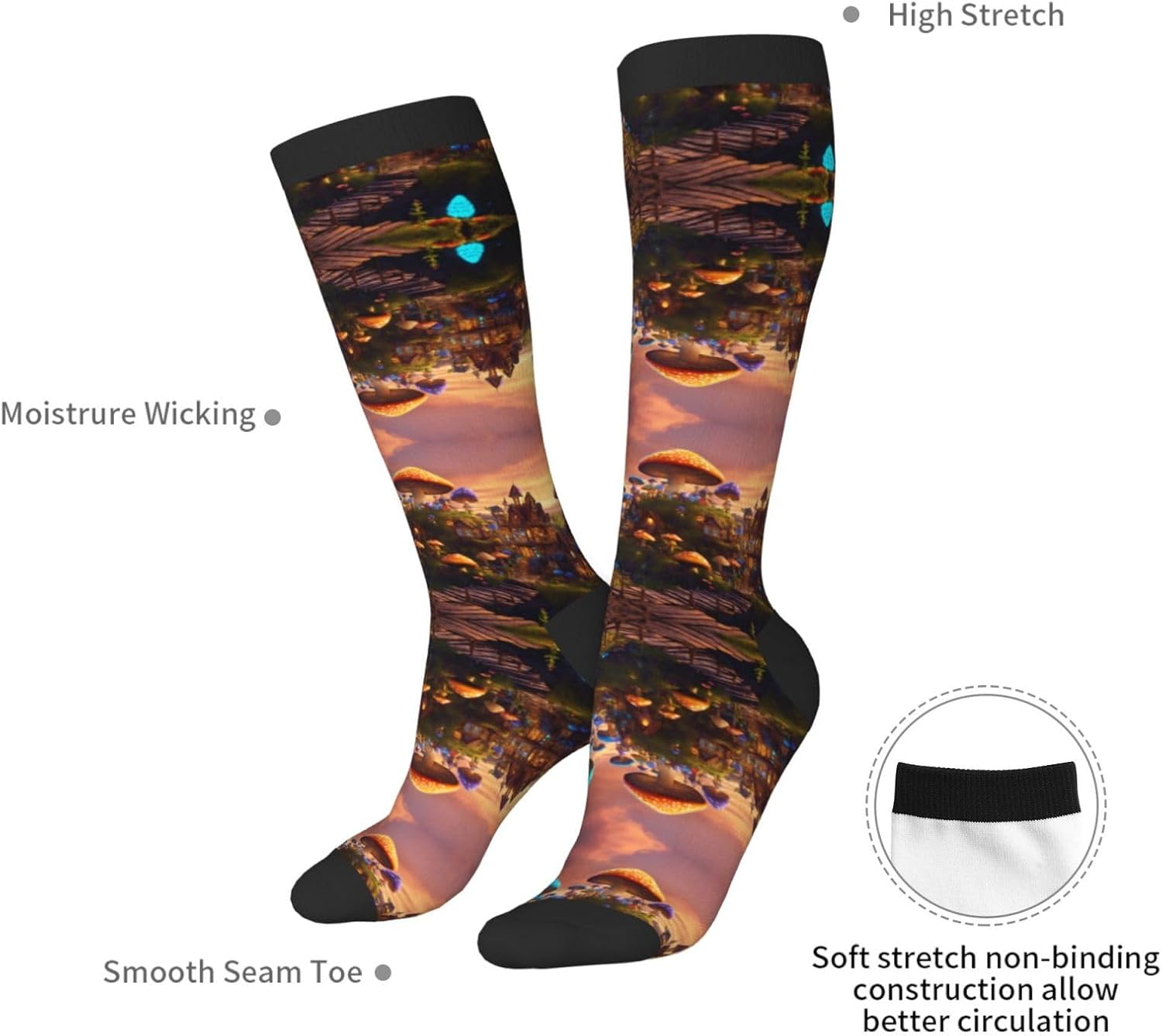 Magic Mushroom Print Breathable Crew Neck Athletic High Socks,Suitable For Sports,Running,And Travel.