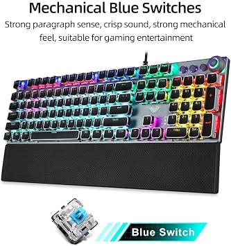 Mechanical Keyboard Gaming Keyboard Office Keyboard 104 Keys Wired Gaming Mechanical Punk Keyboard Mixed Light Effect Metal Panel Wrist Pad Black with Number Pad Durable Ergonomic Design USB Wired