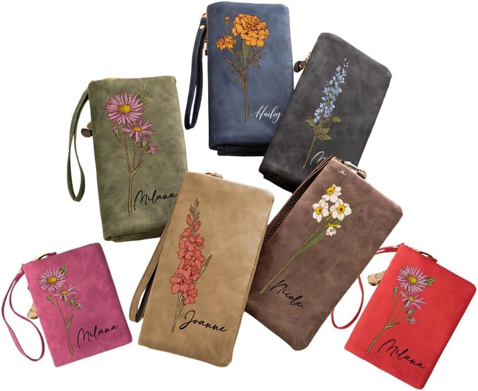 Custom Women Wallet Wristlet Personalized Birth Flower & Name Soft Leather Wallet Coin Purse Card Holder for Women Customized Gifts for Birthday Christmas Mother's Day