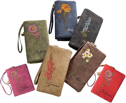 BYFDIY Custom Women Wallet Wristlet Personalized Birth Flower & Name Soft Leather Wallet Coin Purse Card Holder for Women Customized Gifts for Birthday Christmas Mothers Day