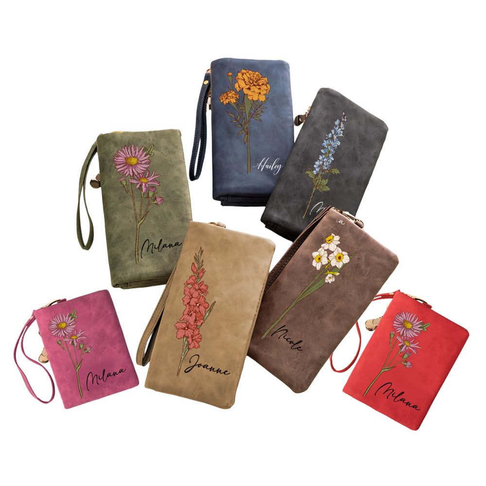Personalisierte Geldbörsen für Frauen Leder Personalisierter Name Aquarell Geburtsblume Damen Geldbörse Mutter Geldbörse mit Kartenhalter Handgelenks-Gurt Geburtstagsgeschenke für Sie Oma Lang