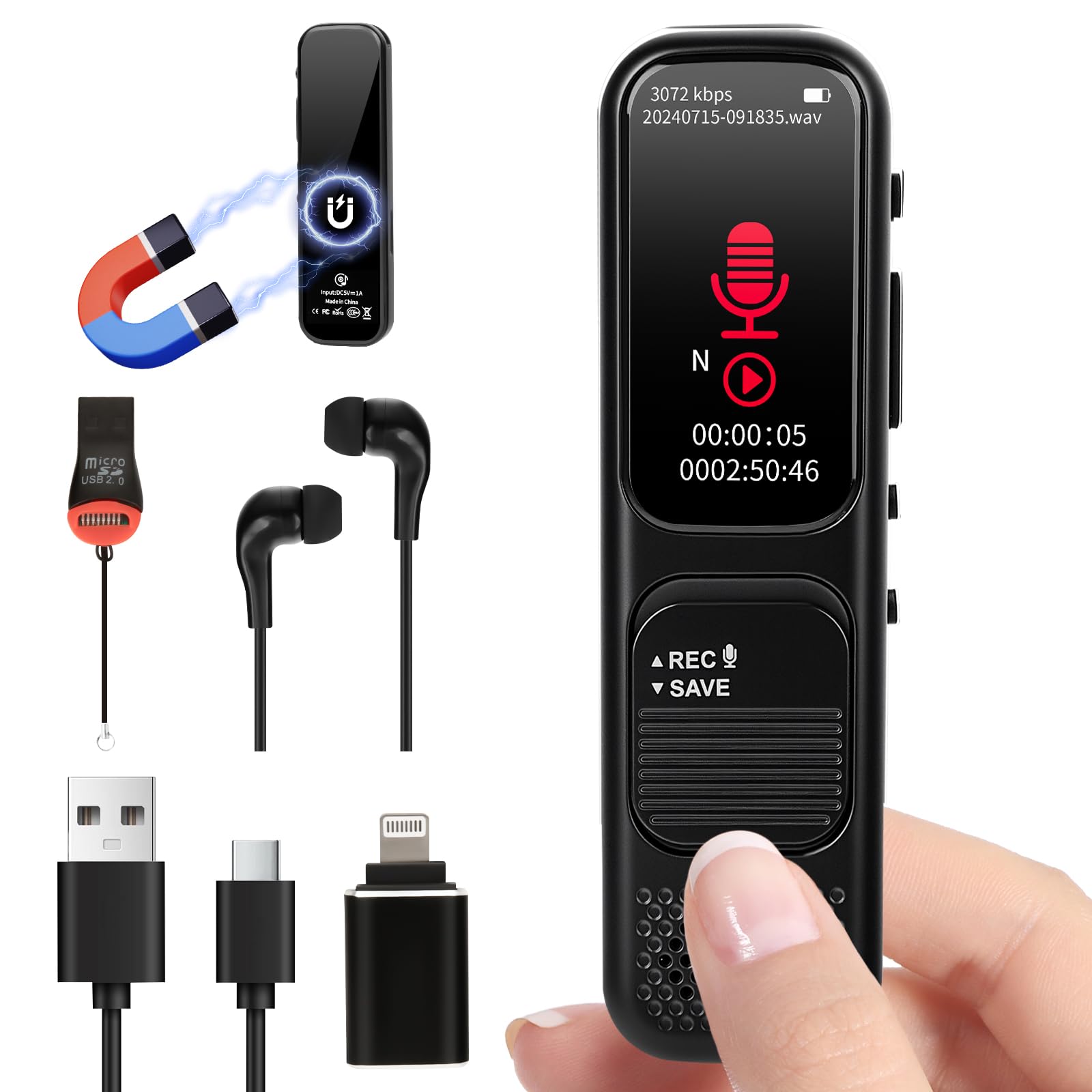 64 GB Diktiergerät Digital mini – Magnetisches Sprachaktiviertes Aufnahmegerät mit DSP-Rauschunterdrückung für Anrufe/Interviews/Unterricht/Besprechungen
