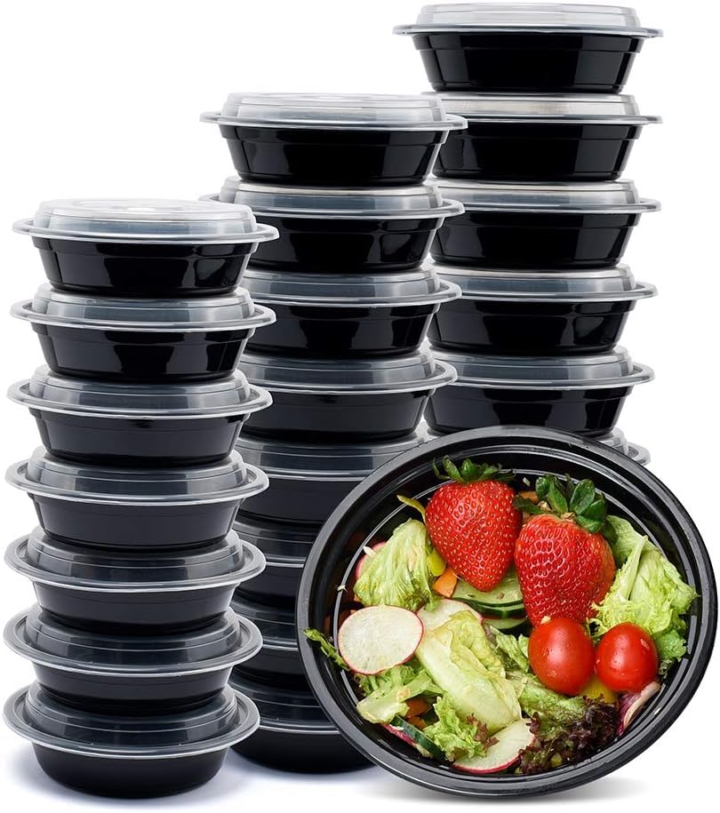 Image of [500 ml (16oz) 15 Count, Round, Black Reusable Plastic Food Storage Containers with Lid | Airtight, Microwave Safe Containers | Perfect for Meal Prep, Storage, Takeaway & Food Delivery