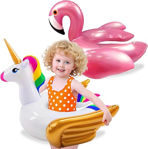 Paquete de 2 flotadores de piscina para niños, flotadores de natación de unicornio y flamenco, flotadores de piscina para niños, flotadores