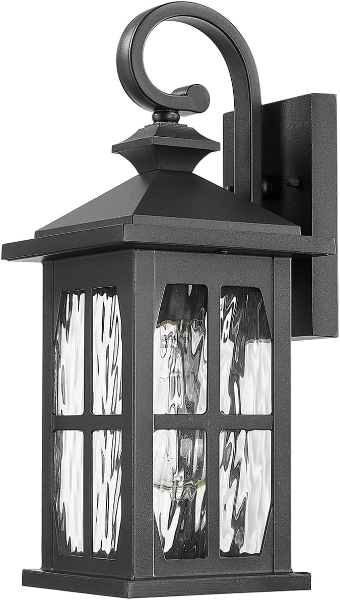 Outdoor Wall Sconce Waterproof Porch Lights Outdoor Matte Black Exterior Lighting Fixtures with Water Ripple Glass for House Garage Doorway 21.2 Inch E26 Socket