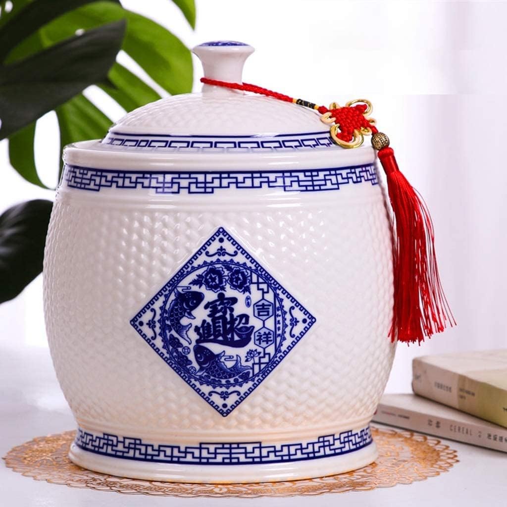 Food Storage Containe Rice Storage Containe Handmade Ceramic Rice Jar with Tassels Household Sealed Rice Box with Lid Retro Large-Capacity Storage Tank Home Decoration (Blue a)