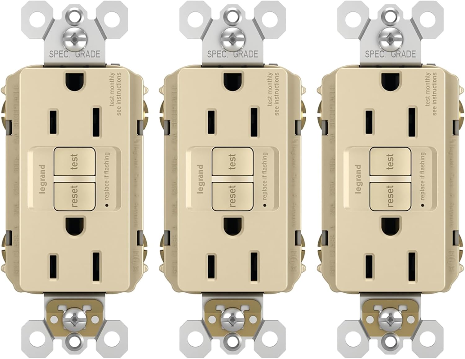 Legrand Radiant 15 Amp GFCI Self-Test Decorator Duplex Electrical Wall Outlet, Power Outlet with Trip Indicator, 1597LACCD12, Ivory, 3 Pack