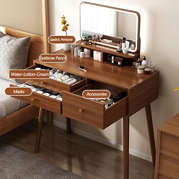 Vanity Desk with LED Mirror, 3 Lighting Modes Adjustable Brightness, Makeup Table with 3 Drawers and 2 Open Storage, Bedroom Dressing Table for Women Girls ( Color : Walnut no stool , Size : 100cm/39.