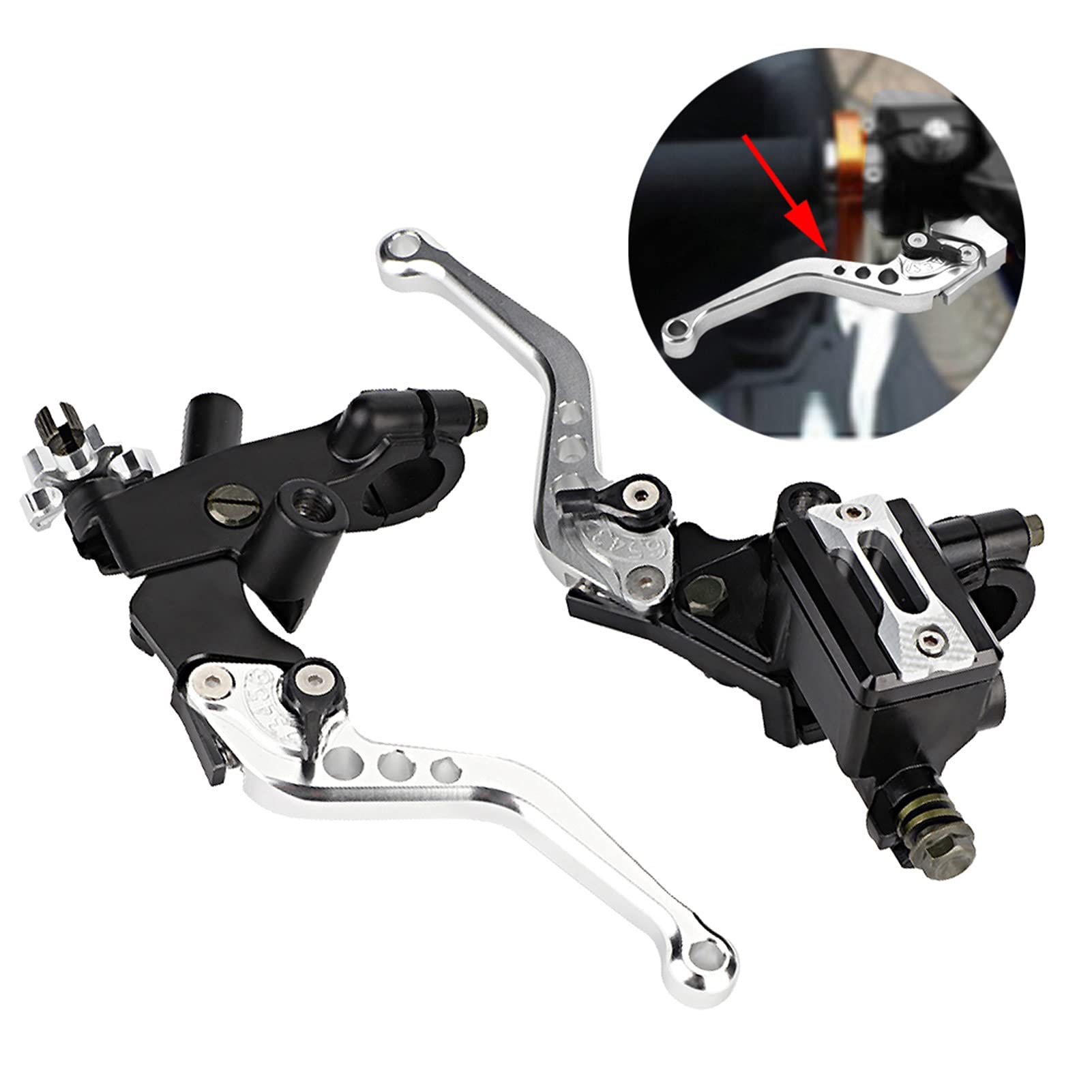 Fydun Leve Freno Frizione Moto, 1 Paio 7/8" Leve Moto Universali Regolabili, Leve Pompa del Freno in Alluminio Leve Freno Moto con Serbatoio per Moto con Manubrio 22mm(Argento)