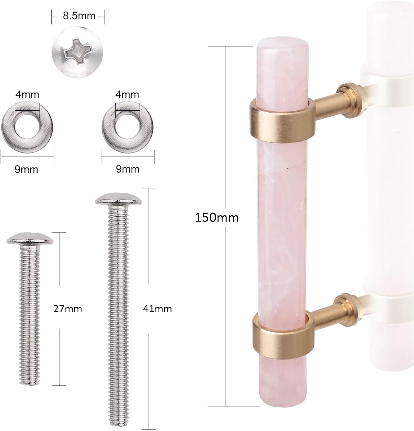 TUMBEELLUWA Pack of 2 Cylindrical Crystal Cabinet Knobs Polished Stone Pulls Brass Handles Hardware for Dresser Wardrobe Drawer Cupboard, Rose Quartz