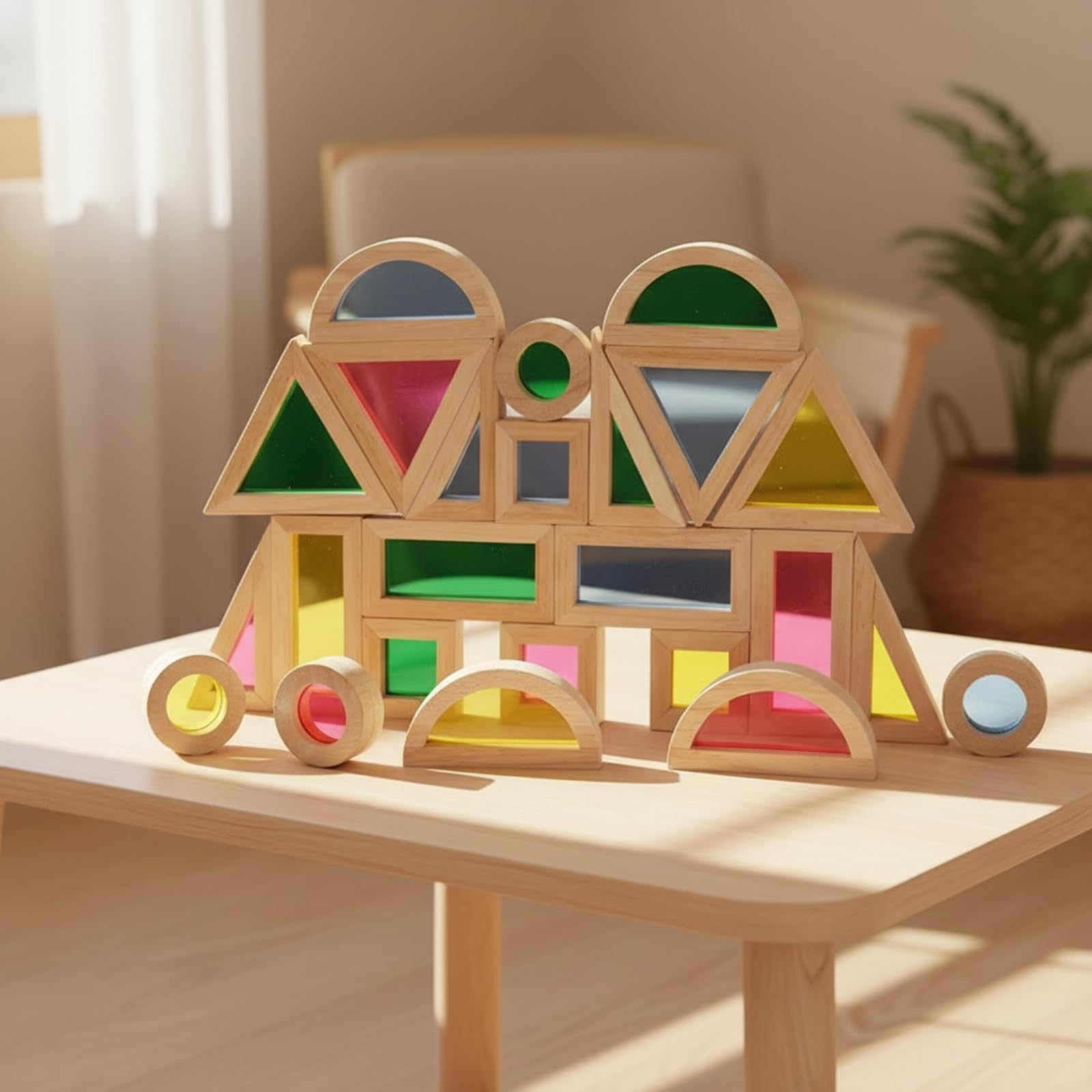24 Pezzi Blocchi con Cornice in Legno e Superfici Traslucide Educativo Blocchi di Legno e Acrilico Sensoriale per Ambiente di Apprendimento Precoce, 24PC Legno