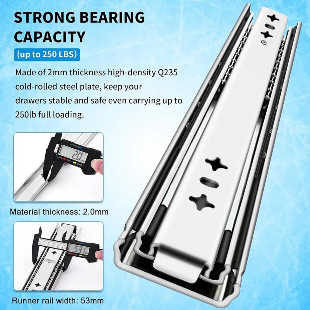 Guías For Cajones De Alta Resistencia, Sin Bloqueo, 53mm Ancho, Capacidad Carga 120kg, Carril Montaje Lateral con Rodamiento Bolas Extensión Completa, 1 Par(36inch 900mm)