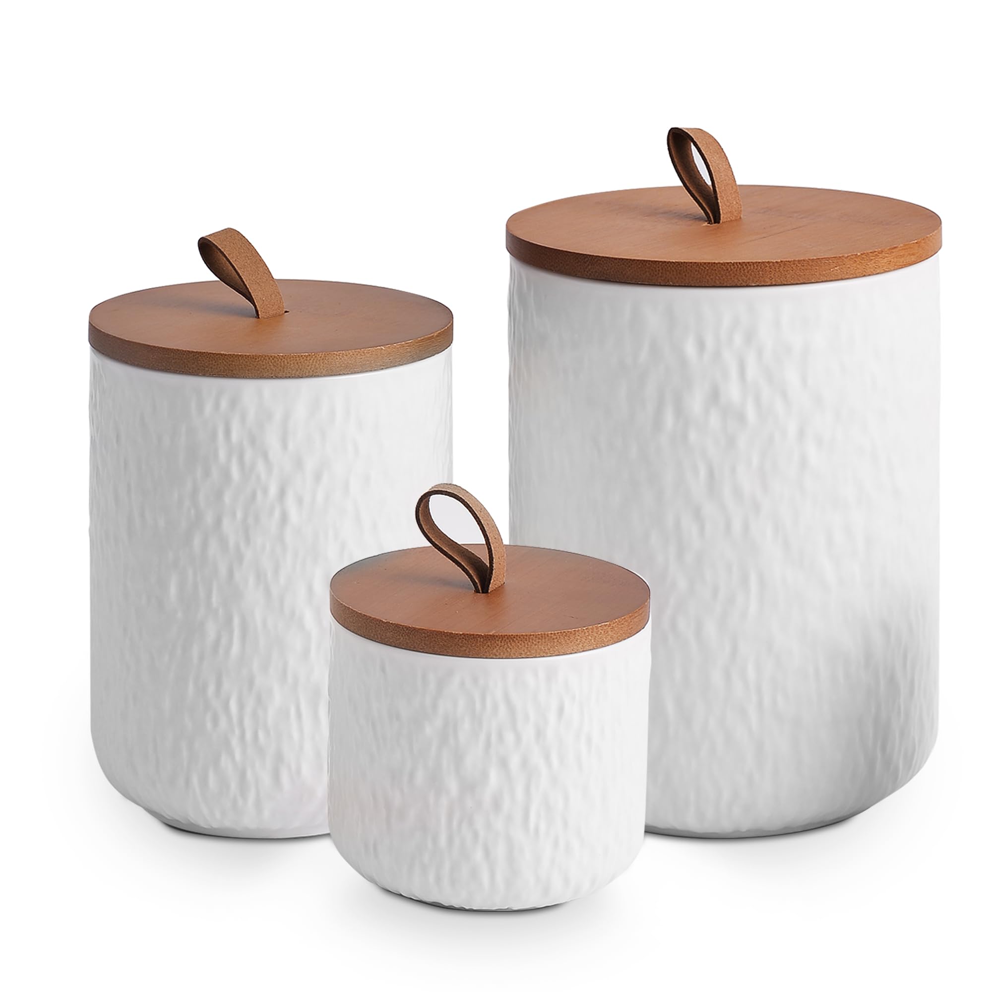 JOJUNO White Ceramic Canister Set with Wooden Lid, 3-Piece Airtight Food Storage Jars for Kitchen Counter - Flour, Sugar, Coffee, Tea, Spice - Small, Medium, Large Sizes - Stone Texture