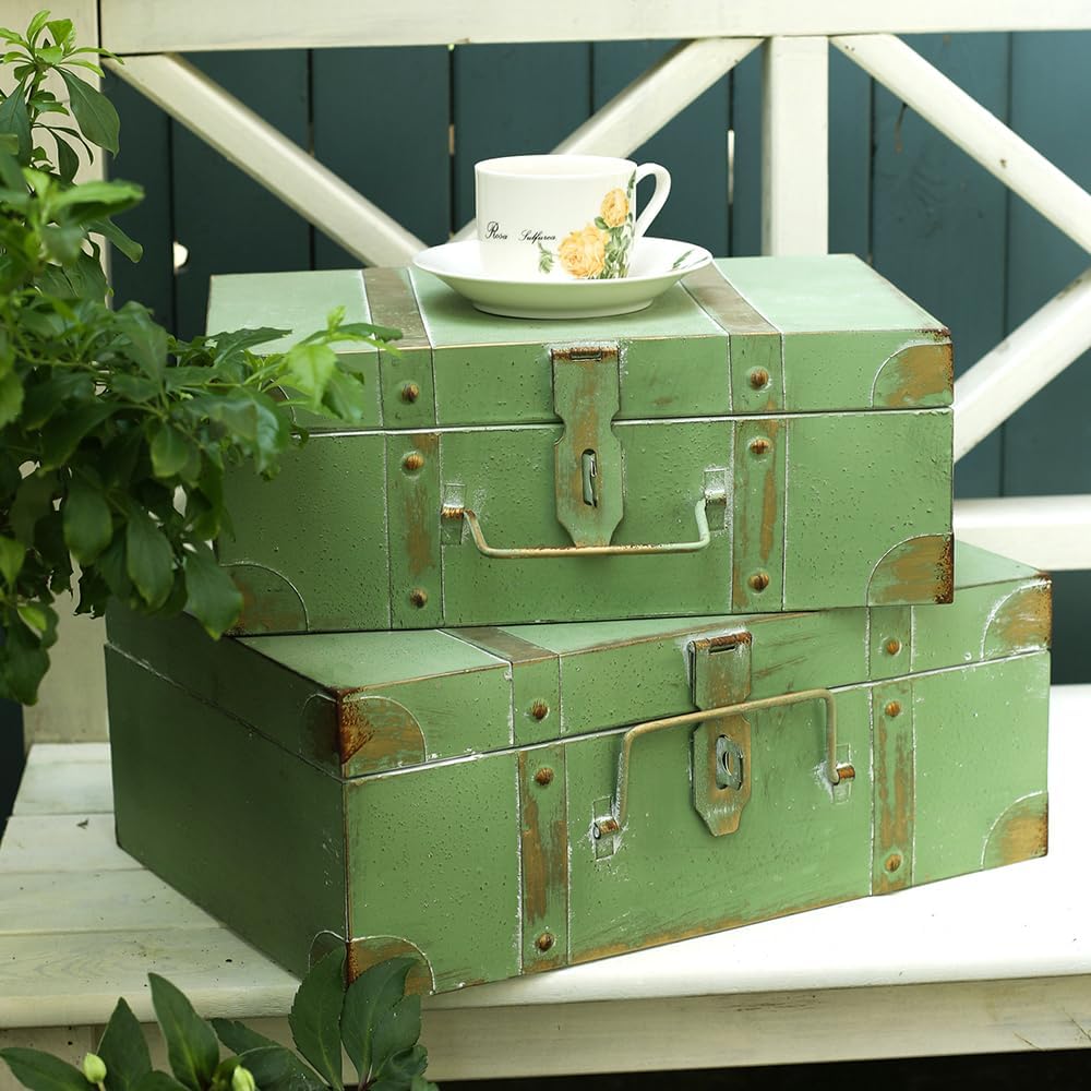 Vintage Metal Storage Trunks - Set of 2, Antique Decorative Storage Chests with Lids, Decorative Suitcase Boxes, Vintage Suitcases for Keepsakes and Home Decor, Green - Image 6