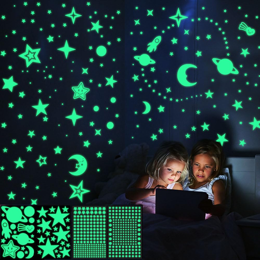 Goodern Glow in The Dark Star Stickers,4 Pieces 3D Luminous Ceiling Stickers Creative Self-Adhesive Moon Stars Decorations Wall Decals 453 Pcs Kids DIY Cosmic Planet Stickers for Bedroom Party Decor